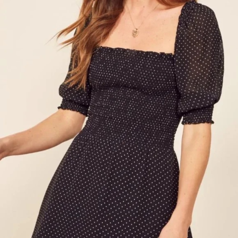 Reformation Elle Black White Polka Dot Puff Sleeve Smocked Mini Dress Size 6 - Picture 3 of 7